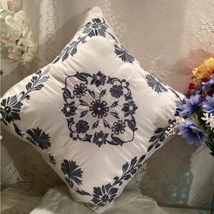 White And Blue Embroidered Floral  Square Throw Pillow